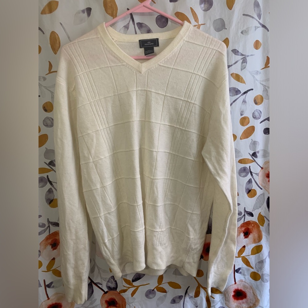 🔥5/$25 Dockers Cream V-Neck Textured Knit Sweater Sz M